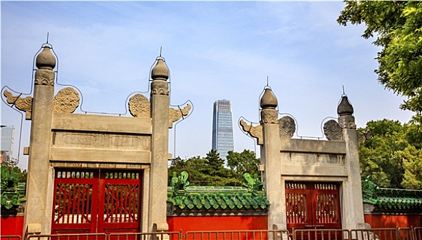 石头,鸟居,庙宇,太阳城,公园,现代,摩天大楼,北京,中国