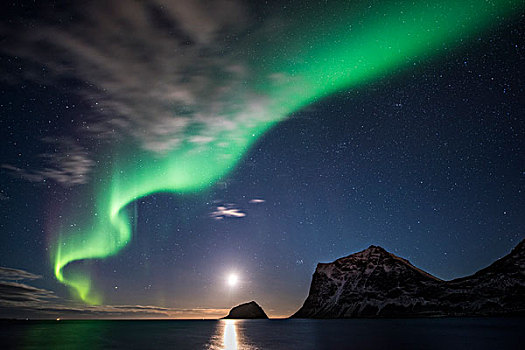 北极光,月光,海滩,罗弗敦群岛,挪威,欧洲