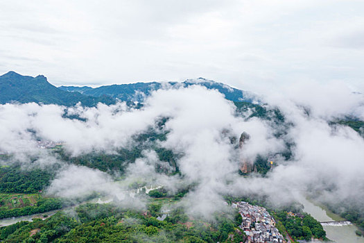 浙江缙云仙都烟雨朦胧田园风光航拍