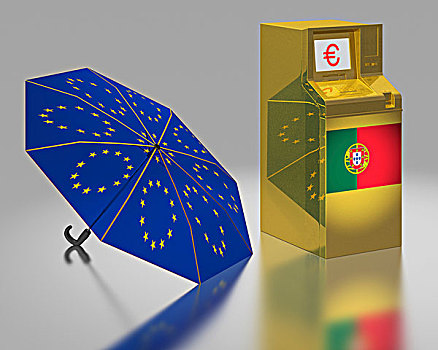 自动柜员机,葡萄牙,旗帜,旁侧,伞,星,欧盟,象征,图像,欧元,救助,包装,插画
