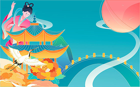 中秋佳节海报中国风建筑传统节日国潮插画