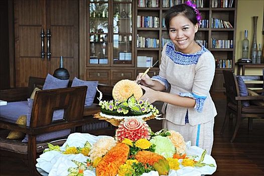 泰国人,女人,雕刻,水果