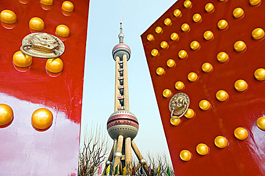 红色,中国,门,打开,背景,东方明珠塔,上海