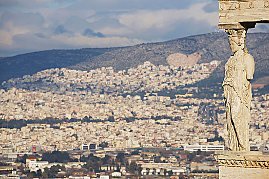 山,雅典,风景,后面,伊瑞克提翁神庙,女像柱,阿提卡,希腊