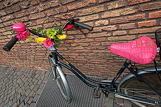 自行车,装饰,花,倚靠,墙壁,芒斯特,明斯特地区,北莱茵威斯特伐利亚,德国,欧洲