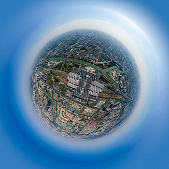 小行星视角航拍江苏苏州火车站球形全景图