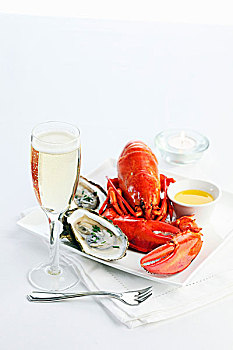 烹饪,龙虾,黄油,牡蛎,大浅盘,香槟
