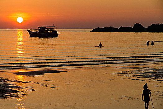 日落,上方,海洋,剪影,女孩,前景,苏梅岛,泰国