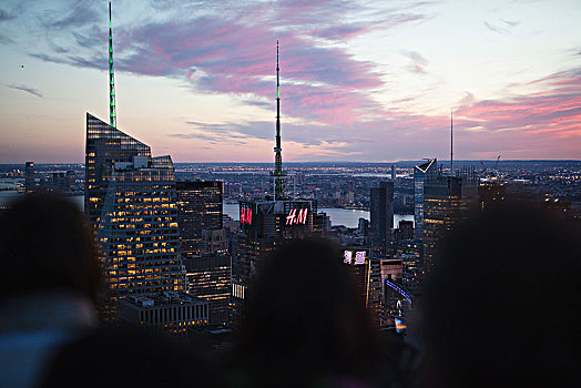 人,看,摩天大楼,日落,曼哈顿,纽约,美国