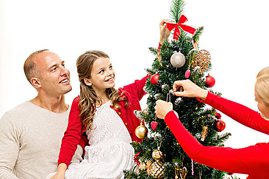 家庭,休假,人,概念,微笑,装饰,圣诞树,在家