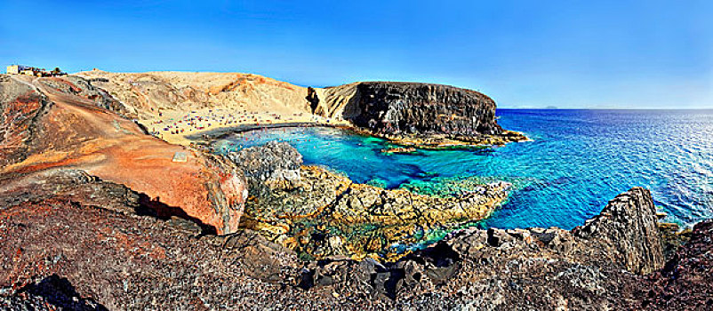 沙滩,岩石,海岸线,青绿色,水,干盐湖,普拉亚布兰卡,兰索罗特岛,加纳利群岛,西班牙,欧洲