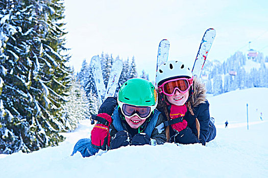 头像,滑雪,少女,兄弟,卧,雪中,瑞士