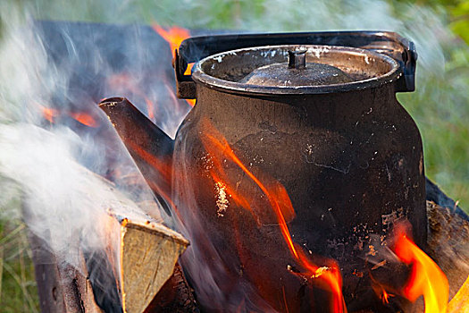 篝火,金属,老,黑色,煮沸,茶壶