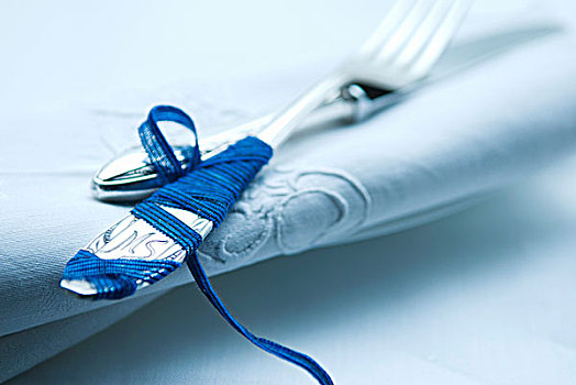 叉子,包装,蓝带,亚麻布,餐巾