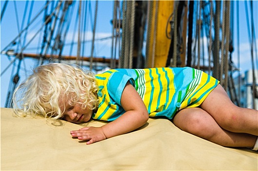 小女孩,落下,睡觉,平台,帆船