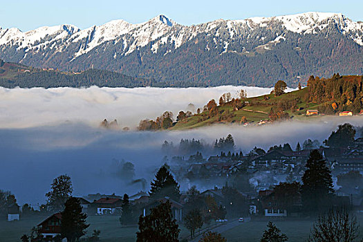 晨雾,高处,山谷,巴特辛德朗,山,后面,巴伐利亚,德国,欧洲