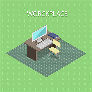工作场所,办公室,概念,柜子,台式电脑,室内,商务,物体,矢量,插画,公寓,隔绝,绿色背景