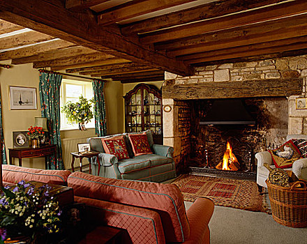 乡村风格,起居室,木质,吊顶,壁炉