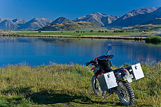 摩托车,早晨,开灯,堤岸,湖,南岛,新西兰