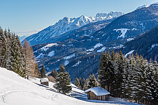 冬季风景,山谷,后面,阿尔卑斯山,卡林西亚,奥地利,欧洲
