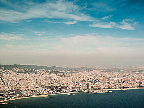 俯拍,海岸线,海滩,巴塞罗那,西班牙