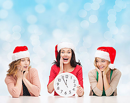 圣诞节,冬天,休假,时间,人,概念,微笑,女人,圣诞老人,帽子,钟表,上方,蓝色,背景