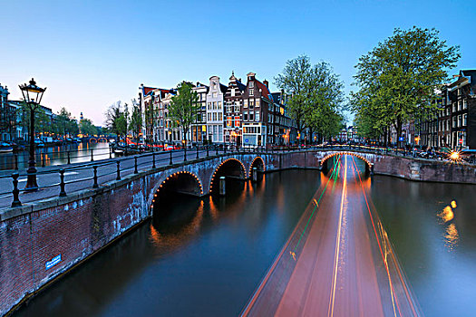 黃昏,亮灯,特色,建筑,桥,反射,运河,阿姆斯特丹,荷兰,欧洲