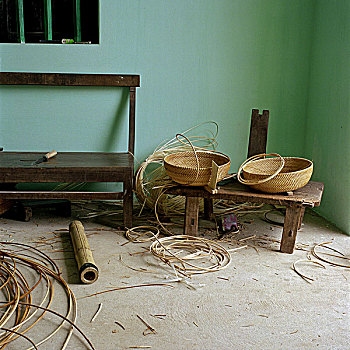 室内,篮子,家,竹子,褐色,木质,长椅,青绿色,墙壁,米色,砖瓦,地面,乡村,省,越南,2006年