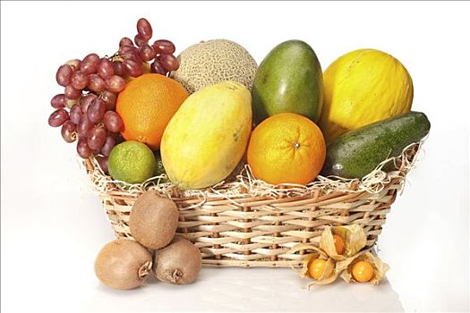 进口水果,篮子,甜瓜,葡萄,橘子,柠檬,酸浆属植物,猕猴桃,芒果,木瓜,鳄梨