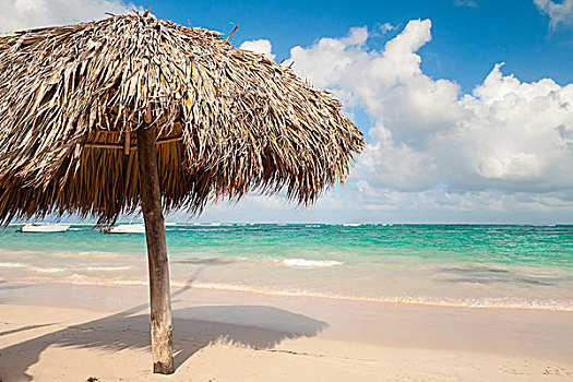 木质,伞,空,沙滩,多米尼加共和国