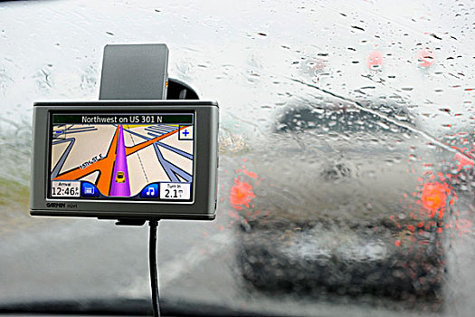 全球定位系统,方向,地图,路线,挡风玻璃,汽车,暴风雨