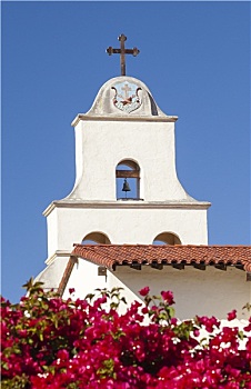 白色,砖坯,教区,圣芭芭拉,十字架,钟,叶子花属,加利福尼亚