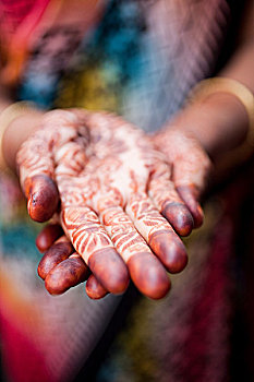 女人,散沫花染料,装饰,手,加德满都,尼泊尔