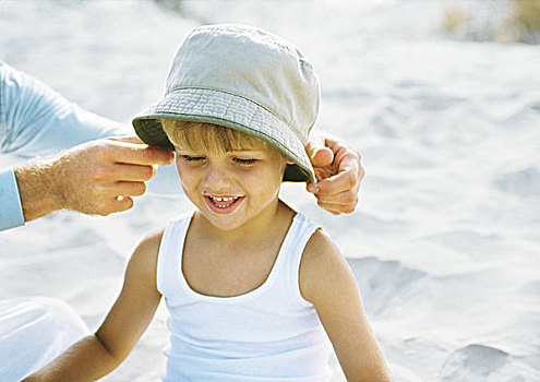 放,帽子,小男孩,海滩