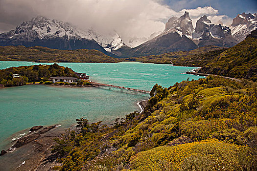 酒店,小岛,拉哥裴赫湖,顶峰,高处,托雷德裴恩国家公园,巴塔哥尼亚,智利