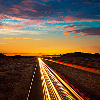 亚利桑那,日落,高速公路,汽车,亮光,痕迹,美国
