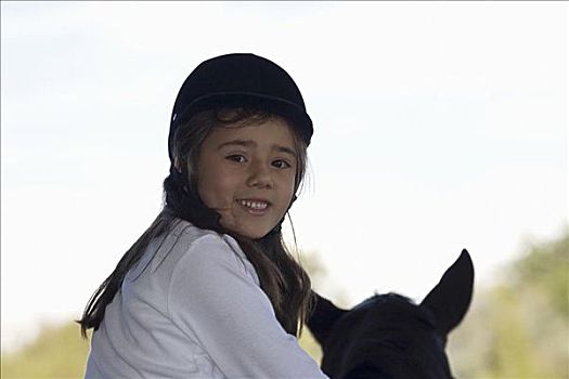 一个,女孩,肖像,骑马,微笑