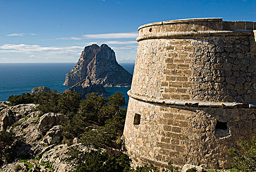 塔,悬崖,岛屿,伊比萨岛,西班牙,欧洲