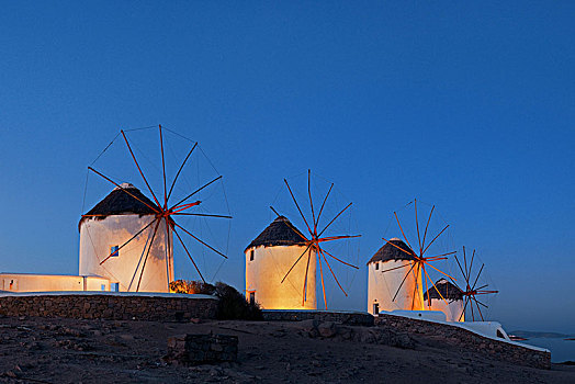 风车,著名地标,夜晚,米克诺斯岛,希腊