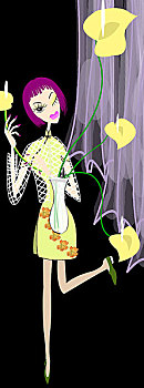 时尚插画,花瓶,黄色的马蹄莲,旗袍女子,短发,纱窗