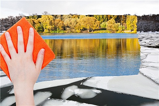 手,浮冰,河,橙色,布