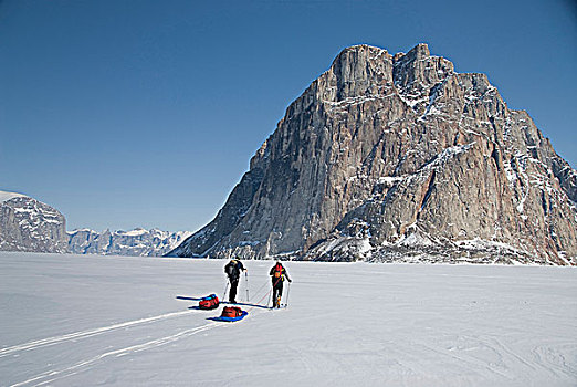 两个,滑雪者,海冰,峡湾,巴芬岛,加拿大