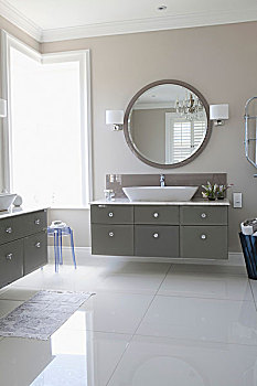 优雅,浴室,光泽,地面,盥洗盆,灰色,抽屉,大,圆,镜子