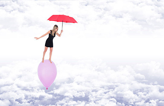 女孩,红色,伞,走,赤足,气球,飞,空中