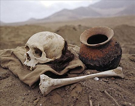印加,墓穴,头骨,骨头,陶制容器,考古,挖掘,靠近,利马,秘鲁,南美