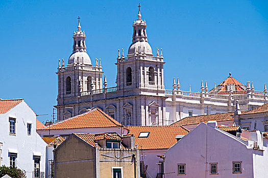 葡萄牙,里斯本,寺院,红色,砖瓦,屋顶,山顶,风景