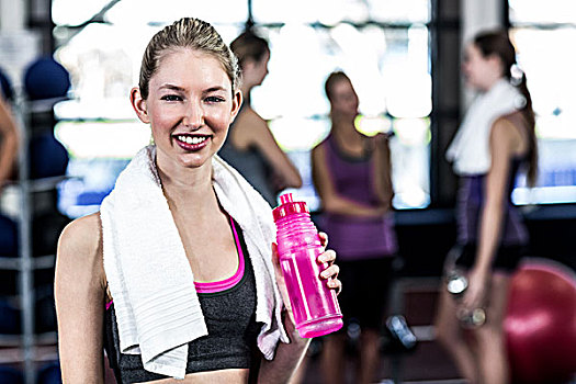 微笑,女人,水瓶,姿势,健身房