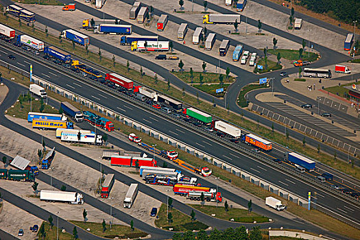 航拍,交通,堵塞,公路,卡车,停放,哈姆,区域,北莱茵威斯特伐利亚,德国,欧洲