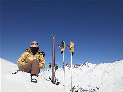 女青年,滑雪者,赞赏,山,风景