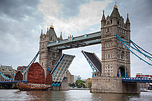 中国,帆船,船,航行,塔桥,泰晤士河,伦敦,英格兰,英国,欧洲